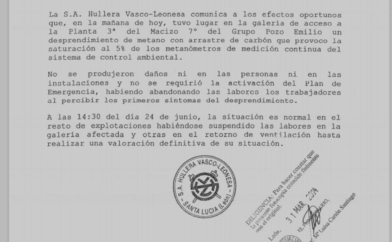 Informe del desprendimiento de metano con anterioridad al accidente. 