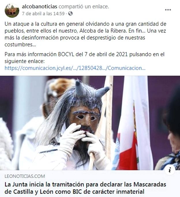 Publicación en Facebook de los organizadores del carnaval tradcional de Alcoba de la Ribera.