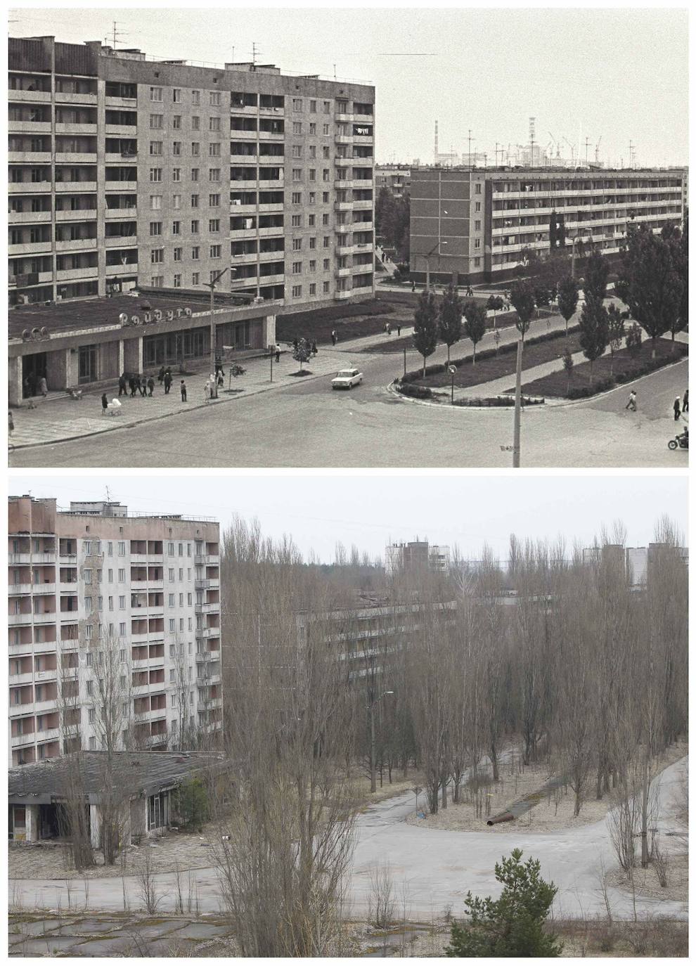 La madrugada del 26 de abril de 1986 la explosión del reactor número 4 de la central nuclear de Chernóbil (actual Ucrania) derivó en la mayor tragedia nuclear de la historia. Aún se desconoce la cifra real de fallecidos. Más de treinta personas murieron esa misma noche y en torno al millar después, aunque el hermetismo y ocultación de la URSS imposibilitaron evaluar el impacto real de la catástrofe. Este es un viaje en el tiempo al escenario del suceso, con instantáneas de entonces y también actuales.