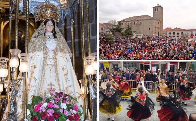 La Virgen de Valsordo, en cuyo honor se celebran las fiestas patronales de Cebreros. Al lado, celebración festiva junto a la iglesia de Santiago Apóstol y baile de los Manteos, complemento tradicional de la celebración del carnaval.