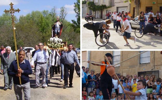 A la izquierda, procesión de San Fernando en Peleas de Arriba. Al lado, carretones para los niños en las fiestas del Cristo de Corrales del Vino y juego de los pucheros.