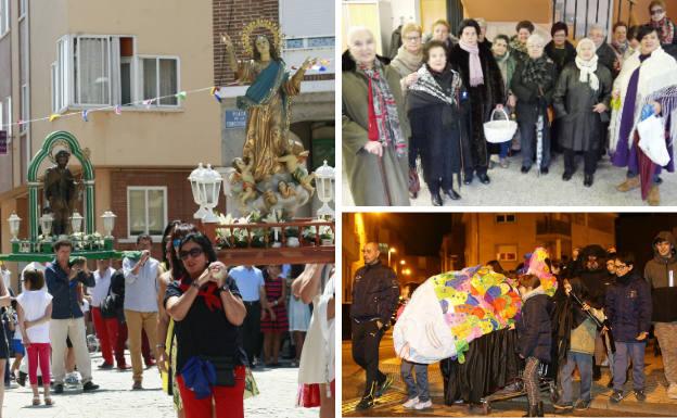 A la izquierda, procesión de la festividad de San Roque y la Virgen. Al lado, águedas de la localidad y entierro de la sardina en carnaval.