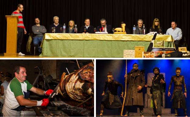 Arriba, un momento de la subasta de la manda de San Antón. Debajo, asado del cerdo al pincho dentro de la verbena del Marrano Santo y una de las actuaciones que ha acogido el escenario de Milagros.