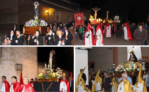 Arriba, procesión del Jueves Santo en las calles de Calzada. Debajo, cofradía del Bendito Cristo de la Salud, con la Soledad, y hermandad de la Piedad.