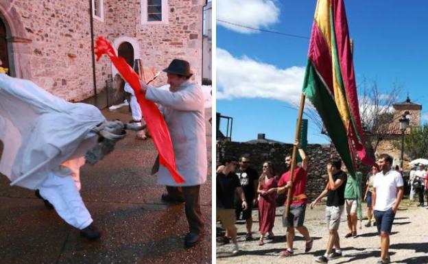 A la izquierda, el 'toro', en plena embestida durante la Zafarronada. Al lado, romería de Nuestra Señora de Pandorado.