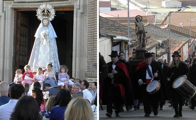 A la izquierda, procesión de la Virgen de la Consolación de El Carpio con los niños sobre las andas. Al lado, desfile en honor a San Sebastián.