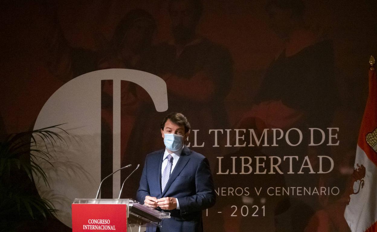 El presidente de la Junta de Castilla y León, Alfonso Fernández Mañueco, interviene en la inauguración del Congreso Internacional 'El tiempo de la libertad. Comuneros V Centenario'.