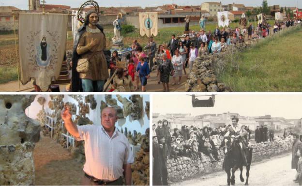 Arriba, la larga hilera de pasos que salen portados a hombros en la procesión de La Rogativa. Debajo, Santiago Rodríguez en su Museo de las Piedras Imaginarias y uno de los quintos que corrían las cintas a caballo en Las Candelas antiguamente.