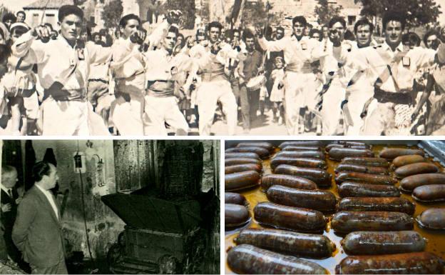 Arriba, danzantes en la romería de Viloria de Cigales en los años setenta del siglo pasado. Debajo, imagen antigua de una bodega de la localidad y sus afamadas morcillas.