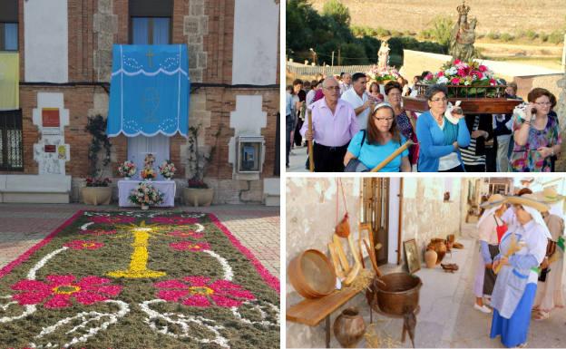 A la izquierda, altar adornado y alfombra de flores, en el Corpus Christi. Al lado, fiestas de la Virgen del Rosario y Nuestra Señora del Río Franco y útiles para la obtención de pan, expuestos en las calles con motivo de la Feria del Pan.