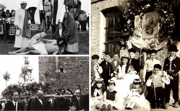 A la izquierda, los vecinos escenifican un pasaje del calvario de Jesucristo en el Vía Crucis y rogativa de la Virgen del Otero en los años sesenta. A la derecha, representación teatral que dirigieron los frailes pensionistas.