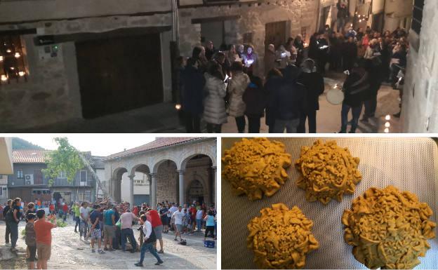 Arriba, alborada a Santa Águeda portando faroles por las calles iluminadas con velas. Debajo, colocación del castillo en las fiestas del Cristo y hornazos convertidos en obras de arte por su decoración.