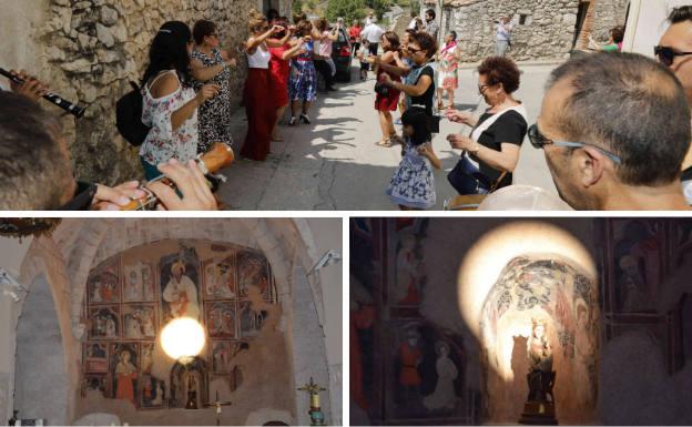 Arriba, jotas en honor al patrón el día grande de las fiestas. Debajo, luz equinoccial sobre la hornacina central del retablo mural de la iglesia de San Bartolomé y momento en que el haz ilumina a la Virgen.