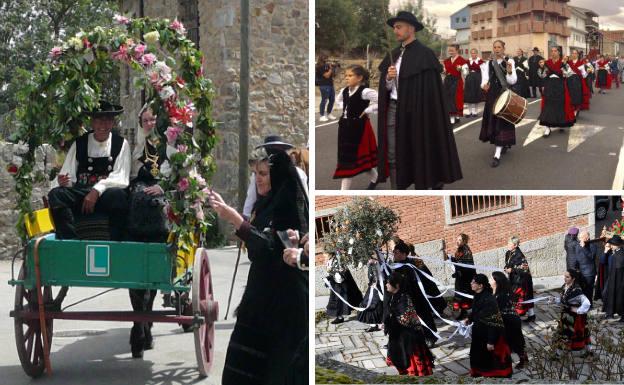 A la izquierda, los novios de la boda típica son llevados en un carro hasta la plaza, donde se baila en su honor. Al lado, procesión del Cristo de Valvanera y ramo de San Sebastián durante la procesión.