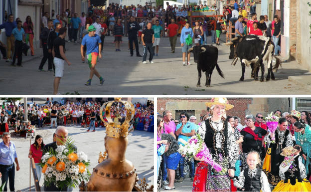 Arriba, encierro por las calles de Villoria. Debajo, ofrenda floral a la Virgen de la Vega durante las fiestas y una mujer y una niña con los trajes típicos de la zona.