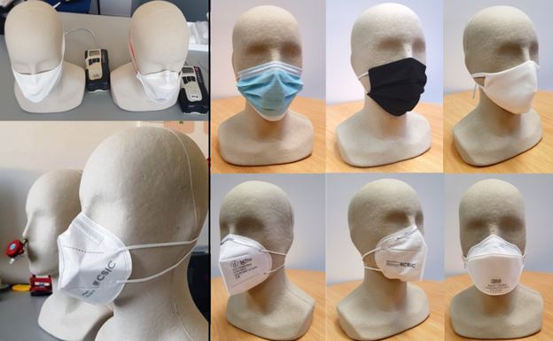 Experimentos de inhalación con diferentes tipos de mascarillas colocadas en maniquís de papel maché. La nariz se equipó con un tubo de entrada antielectrostático conectado a un cabezal de PM2.5 para recolectar partículas en suspensión en un filtro de cuarzo utilizando un monitor ambiental personal (PEM) con un caudal de 10 L/min. 