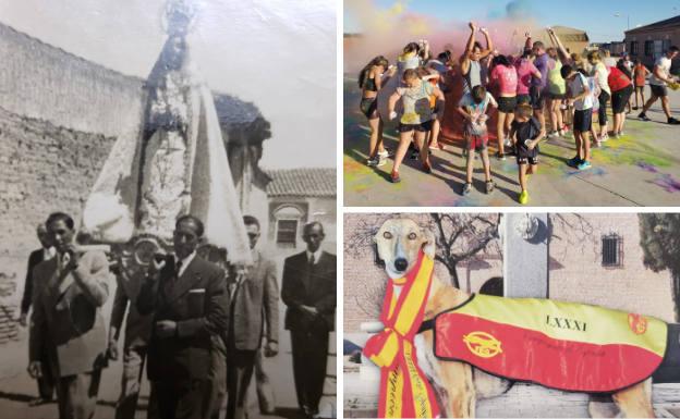 Imagen antigua de la procesión en honor a la Virgen de la Asunción. Al lado, colorista acto de las fiestas y la galga de Fuente el Sol 'Pelaya de Safesa', ganadora del Campeonato de España 2019.