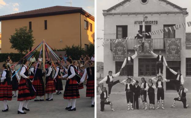 Tejido de cintas en una representación actual y danza del arco en el año 1956.