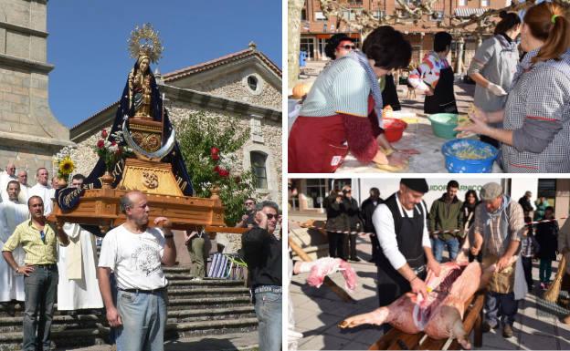 La imagen de la Virgen del Brezo es portada en andas por los cofrades para que presida la misa en su honor. Al lado, elaboración de lrosquillas por parte de las mujeres y destace del cerdo durante la matanza.