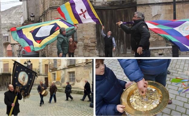 Arriba, revoleo de las banderas en Vertavillo. Debajo, la cofradía de las Ánimas durante la festividad y platillo de donativos portado por el síndico de la hermandad.