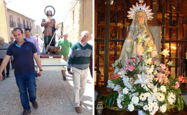 Procesión de San Isidro y la imagen de la patrona, Santa Ana, bellamente adornada con flores.