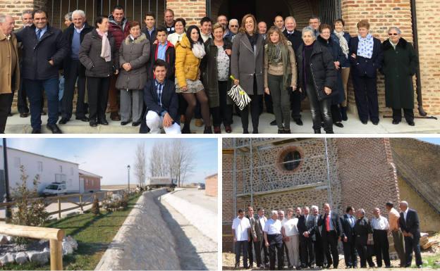 Autoridades y vecinos celebran la festividad de San Martín del Valle (arriba) y posan ante la iglesia de Villambroz (abajo derecha). A la izquierda, jardín de San Llorente del Páramo.