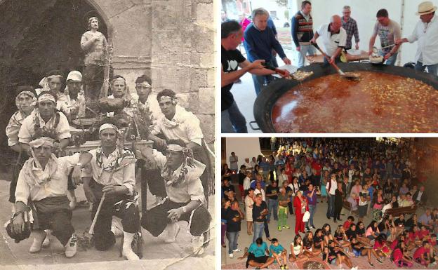 Fotografía antigua de los danzantes de Villaviudas con San Isidro. Al lado, la gran Isidrada de patatas con carne y los vecinos congregados en la Plaza Mayor para escuchar el pregón de las fiestas.