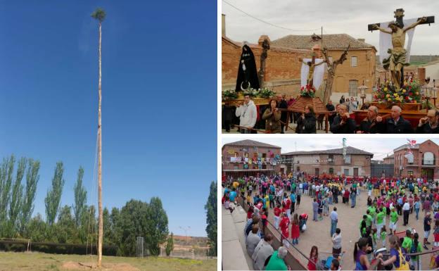 El mayo, plantado en la ribera del río. Al lado, procesión del Santo Entierro y la plaza abarrotada de peñistas durante las fiestas de San Roque.