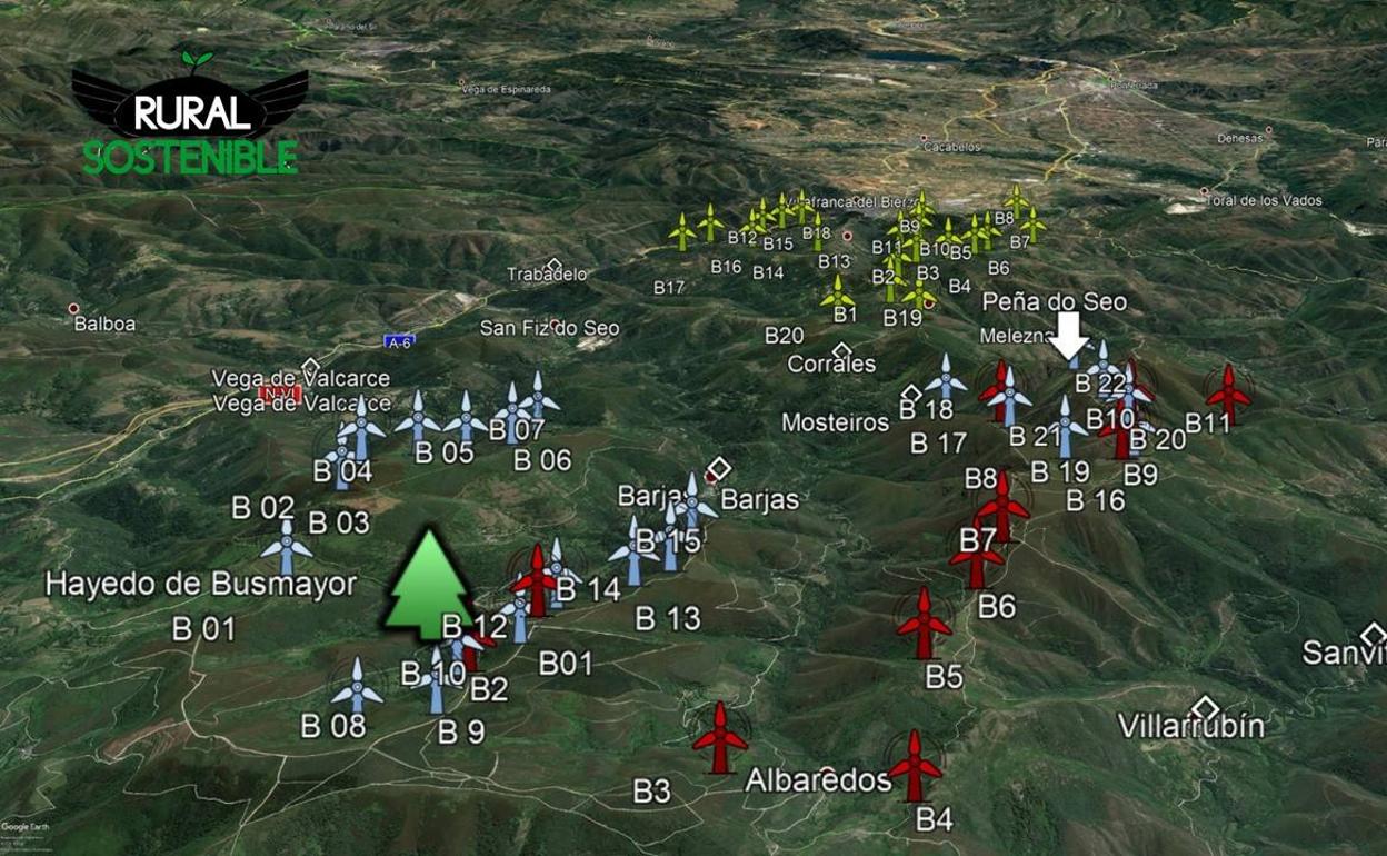 Mapa que escenifica los macroparques eólicos que se pretenden instalar en el Bierzo Oeste.