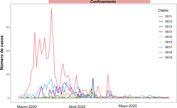 Figura 2. Los nueve Clados Epidémicos Españoles identificados y su incidencia durante los primeros meses de la pandemia.