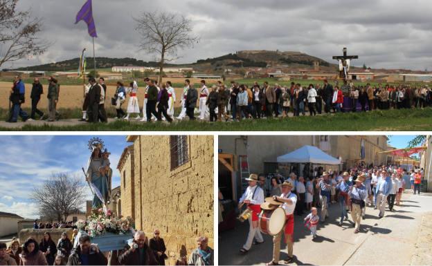 Arriba los vecinos, en procesión con el Cristo de la Vega, durante la Rogativa de San Marcos. Debajo, desfile con la Virgen de las Candelas y los dulzaineros Zarabandos en el Mercado Artesanal.