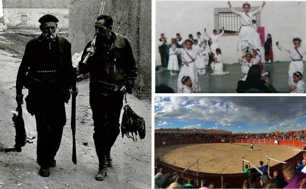 'El Barbas', perdicero de Valdestillas, y el escritor Miguel Delibes después de una jornada de caza. Al lado, fotografía antigua del baile de la espadaña y festejo taurino durante las fiestas patronales.