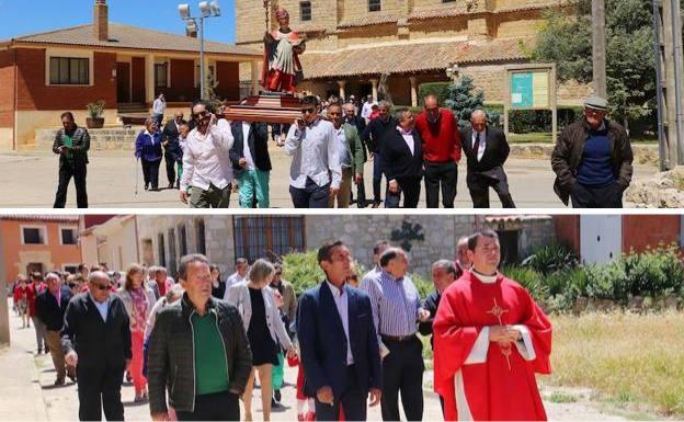 Arriba, inicio de la procesión de San Urbano, con la iglesia al fondo. Debajo, los vecinos siguen el recorrido.