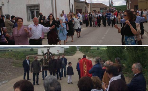 Arriba, los bailes se unen a los ritos religiosos en las fiestas. Debajo, procesión de San Isidro.