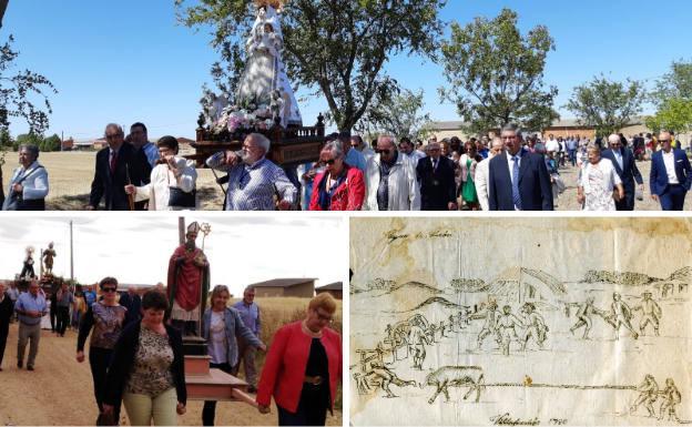 Arriba, procesión en honor de la Virgen de Cabo. Debajo, bendición de los campos el Lunes de Pentecostés y grabado de 1780 donde ya se reproduce el festejo de la vaca enmaromada.