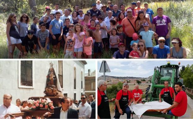 Arriba, excursión de la Semana Cultural. Debajo, procesión en honor a la Virgen de Torrecilla y transporte en tractor de la gran paella que se degusta en La Arboleda tras el cross.