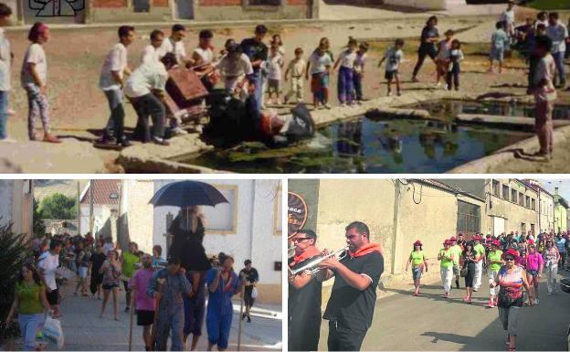 Arriba, San Casiano acaba en el pilón antes de que se conozca su identidad. Debajo, procesión con el santo y desfiel de peñas durante la fiestas.