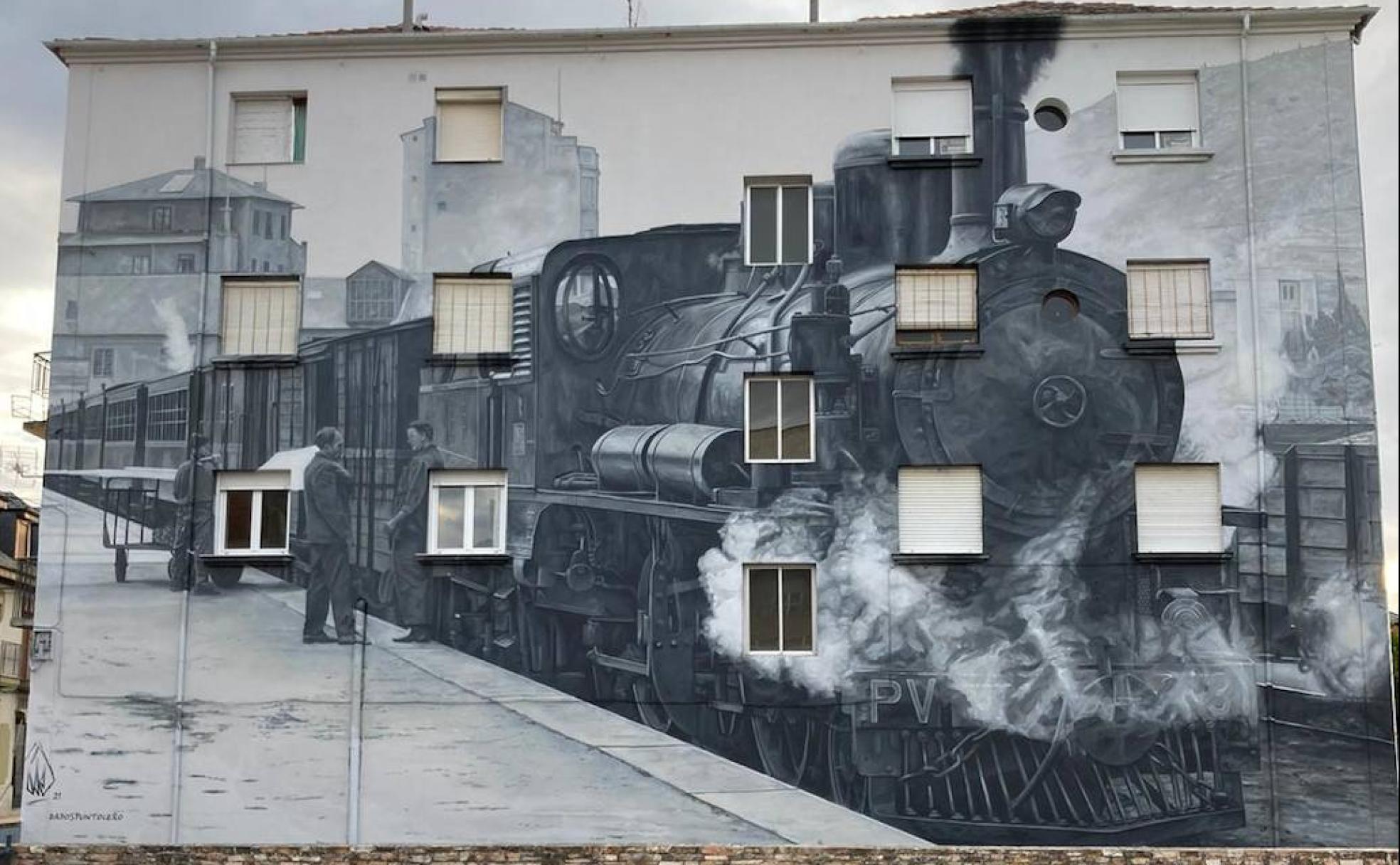 El mural rinde homenaje al mundo del ferrocarril. 