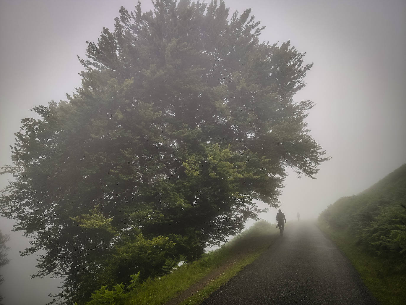 La niebla se ha echado y su frescor mitiga los rigores de la ascensión. En la imagen, un peregrino se acerca al albergue-restaurante de Orisson.