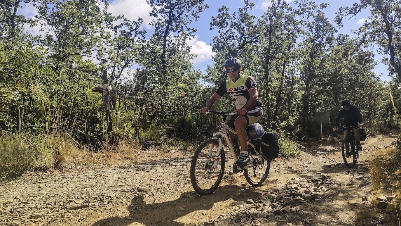 Ciclistas enfilan el accidentado tramo que conduce a Rabanal del Camino, encajonado entre un bosque de árboles y otro de crucifijos. Cerca de aquí se encontra el famoso ‘roble del peregrino’, auténtica leyenda de la Ruta Jacobea derribada por el viento hace unos años.