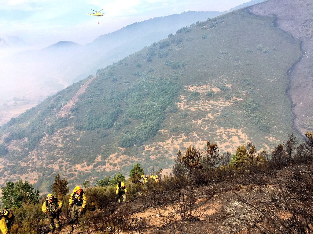 Medios aéreos y terrestres trabajan en las labores de extinción del incendio, cuyo origen se investiga, declarado en la madrugada de este lunes en el denominado Valle Estremero, e ntre los municipios leoneses de Riaño y Boca de Huérgano.