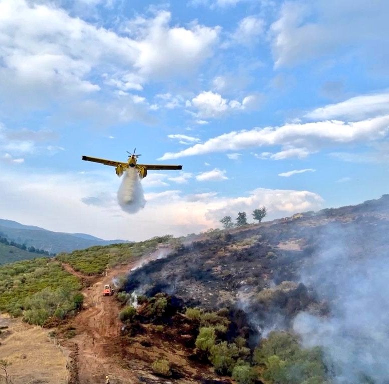 Medios aéreos y terrestres trabajan en las labores de extinción del incendio, cuyo origen se investiga, declarado en la madrugada de este lunes en el denominado Valle Estremero, e ntre los municipios leoneses de Riaño y Boca de Huérgano.