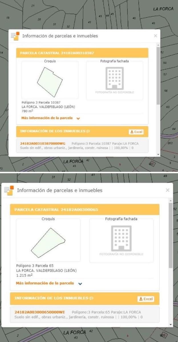 Imagen de las dos parcelas con el detalle de superficie. Los vecinos denuncian que estos metros no se corresponden con el tamaño de la finca original y denuncian la pérdida de superficie comuncal. Mientras, el Ayuntamiento evita pronunciarse pese a las reiteradas solicitudes de información.