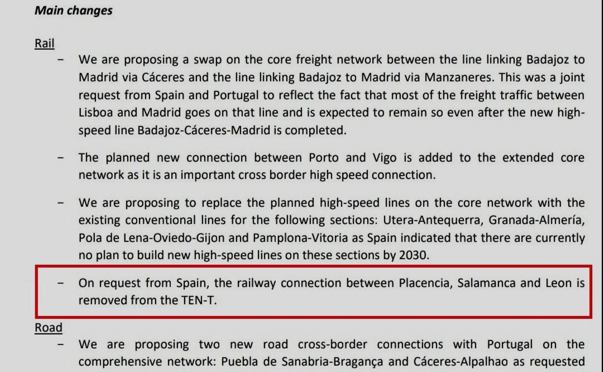 Imagen del documento oficial de la UE que recoge la petición del Gobierno de España para la no ejecución de la conexión ferroviaria entre León y Plasencia en la 'Vía de la Plata'.