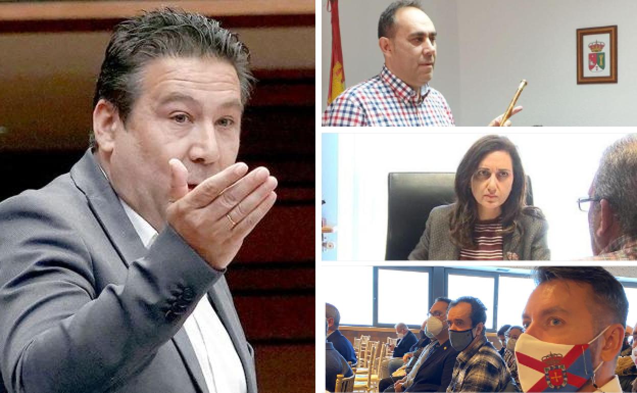 Luis Mariano Santos, a la izquierda; de arriba a abajo: Valentín Martínez, alcalde de Villaturiel; Alicia Gallego, alcaldesa de Santa María del Páramo; José Ramón García, portavoz de la gestora de UPL en El Bierzo.