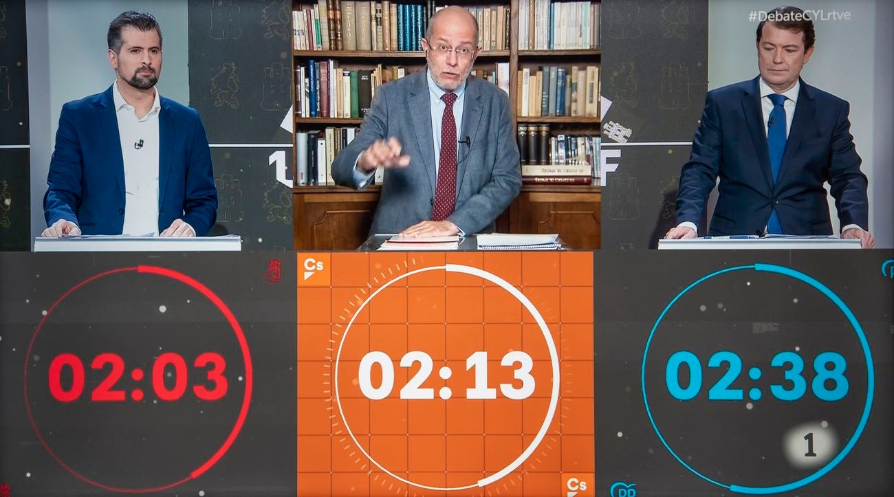 El candidato del PP, Alfonso Fernández Mañueco, el candidato Socialista, Luis Tudanca y el candidato de Ciudadanos, Francisco Igea, han debatido este lunes en la primera confrontación 'a tres' en la campaña.. 