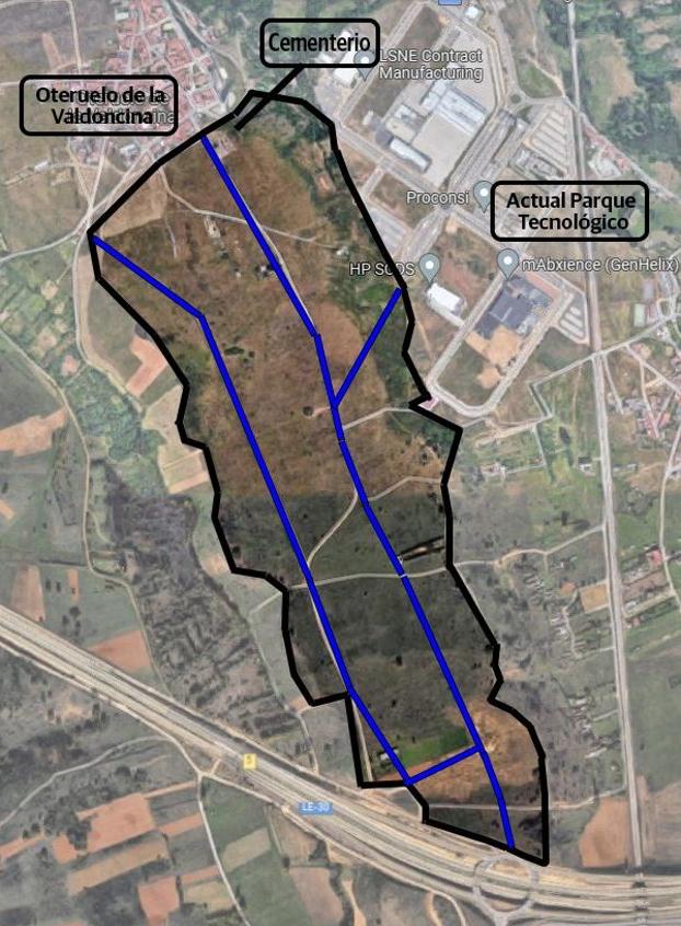 Captura sobre vista aérea de la zona proyectada para la ampliación del parque tecnológico de León. 