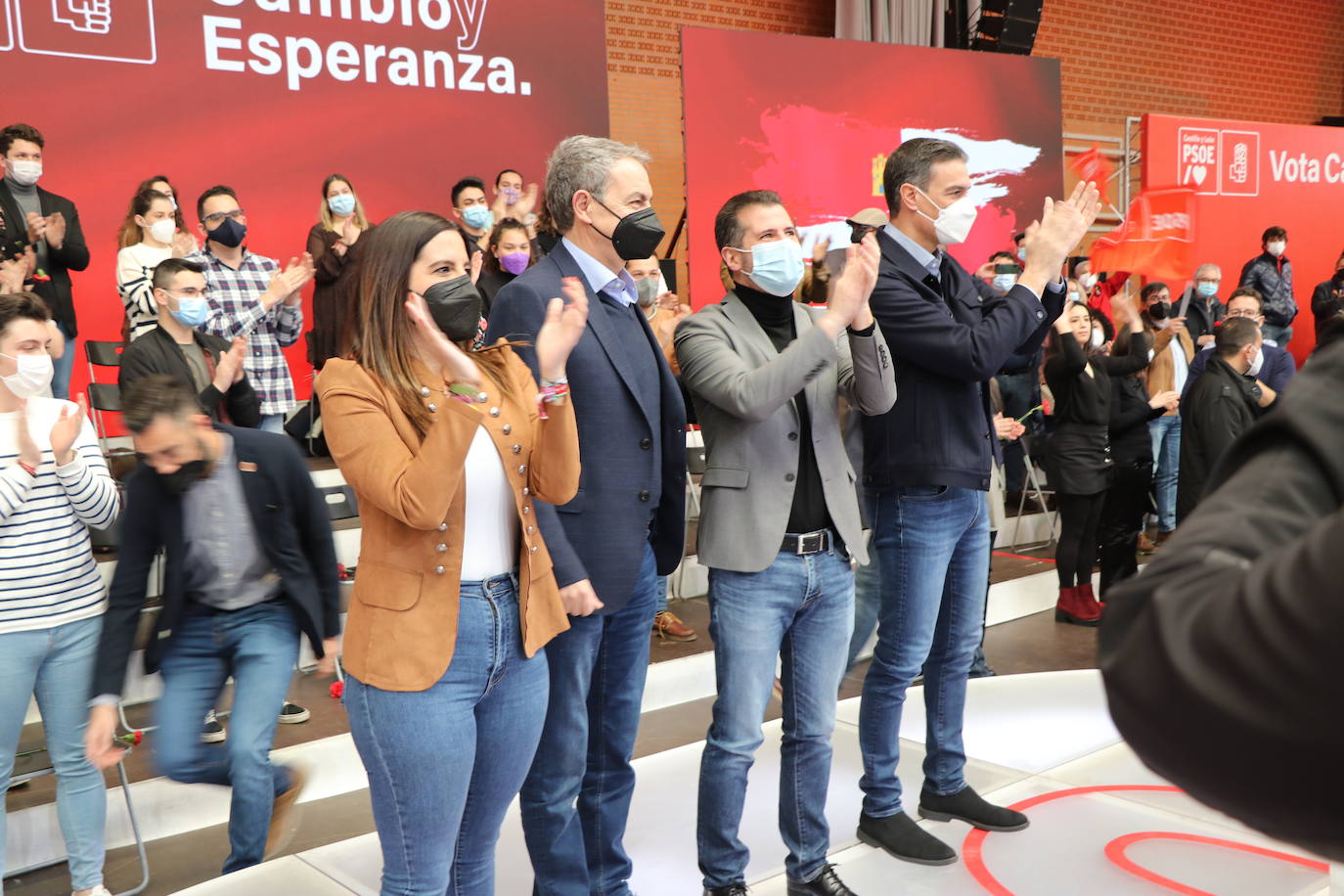 Acto electoral en León del candidato del PSOE a la Presidencia de la Junta, Luis Tudanca; el expresidente José Luis Rodríguez Zapatero y del presidente y secretario general del PSOE, Pedro Sánchez.