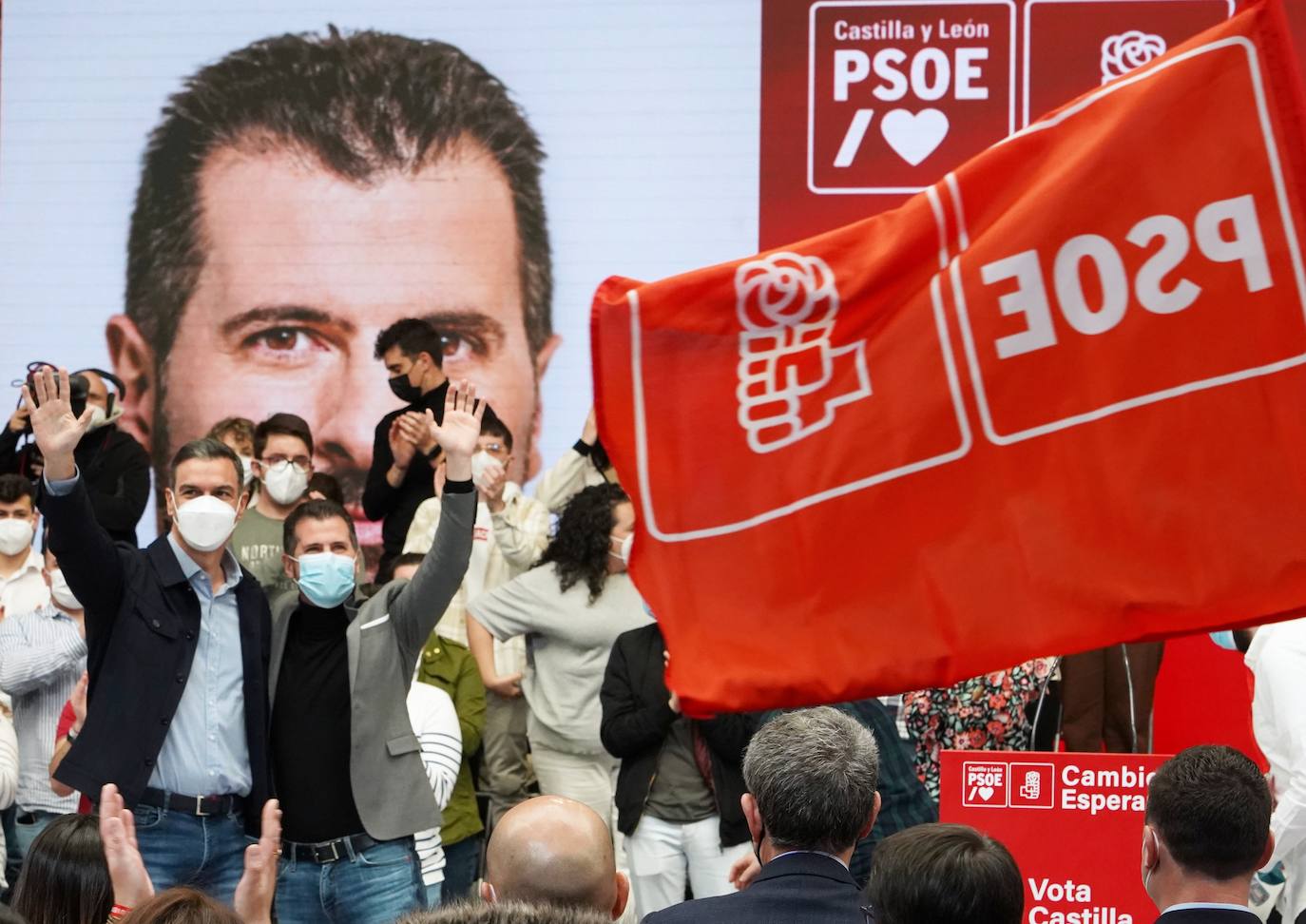 Acto electoral en León del candidato del PSOE a la Presidencia de la Junta, Luis Tudanca; el expresidente José Luis Rodríguez Zapatero y del presidente y secretario general del PSOE, Pedro Sánchez.