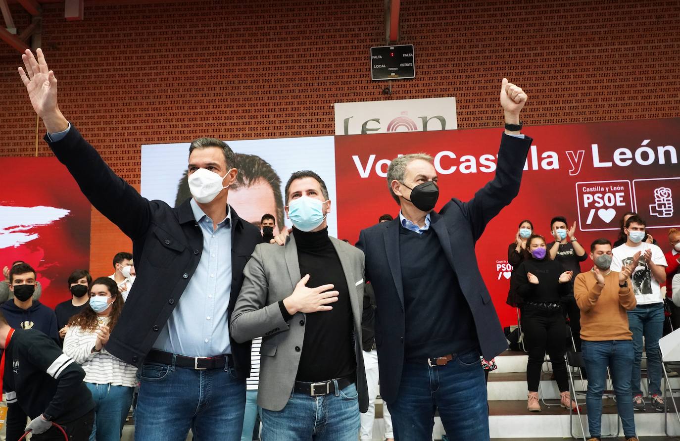 Acto electoral en León del candidato del PSOE a la Presidencia de la Junta, Luis Tudanca; el expresidente José Luis Rodríguez Zapatero y del presidente y secretario general del PSOE, Pedro Sánchez.